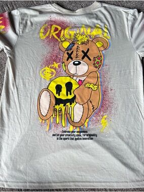 Kids White Graphic Tee with Colorful Teddy Print